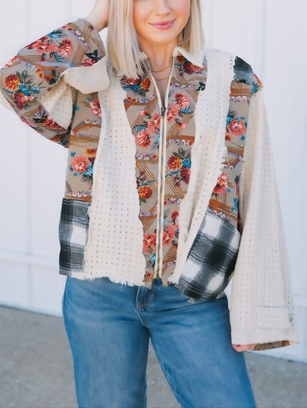 POL Petal Rebel Patchwork Floral and Plaid Mixed-Media Jacket